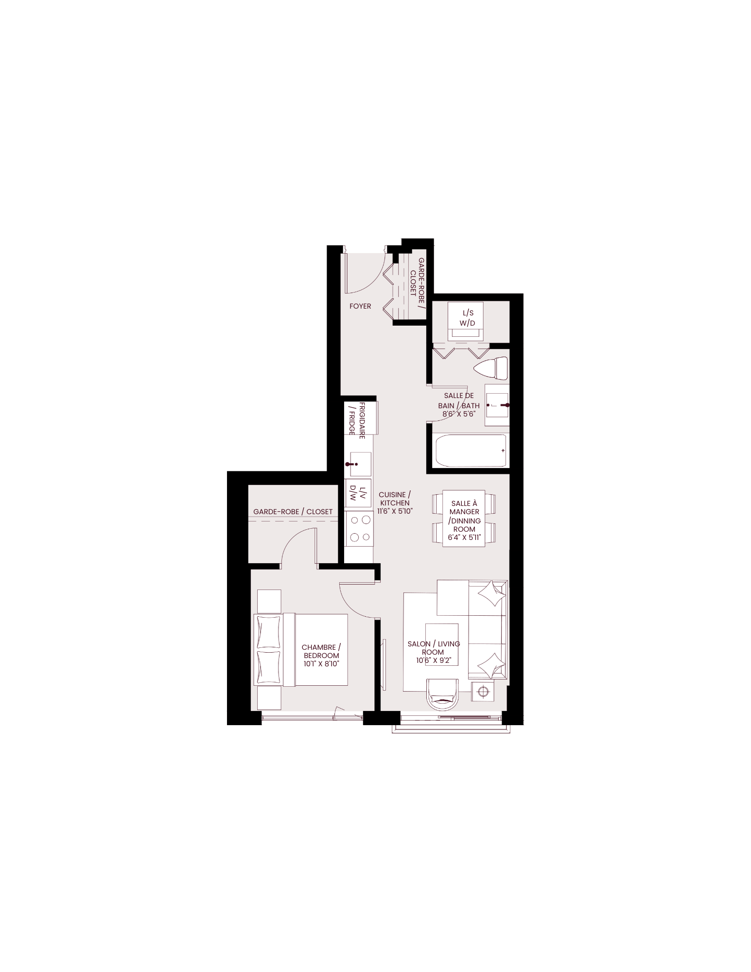Floor plan for 1 bed, 1 bath, 539 sqft
